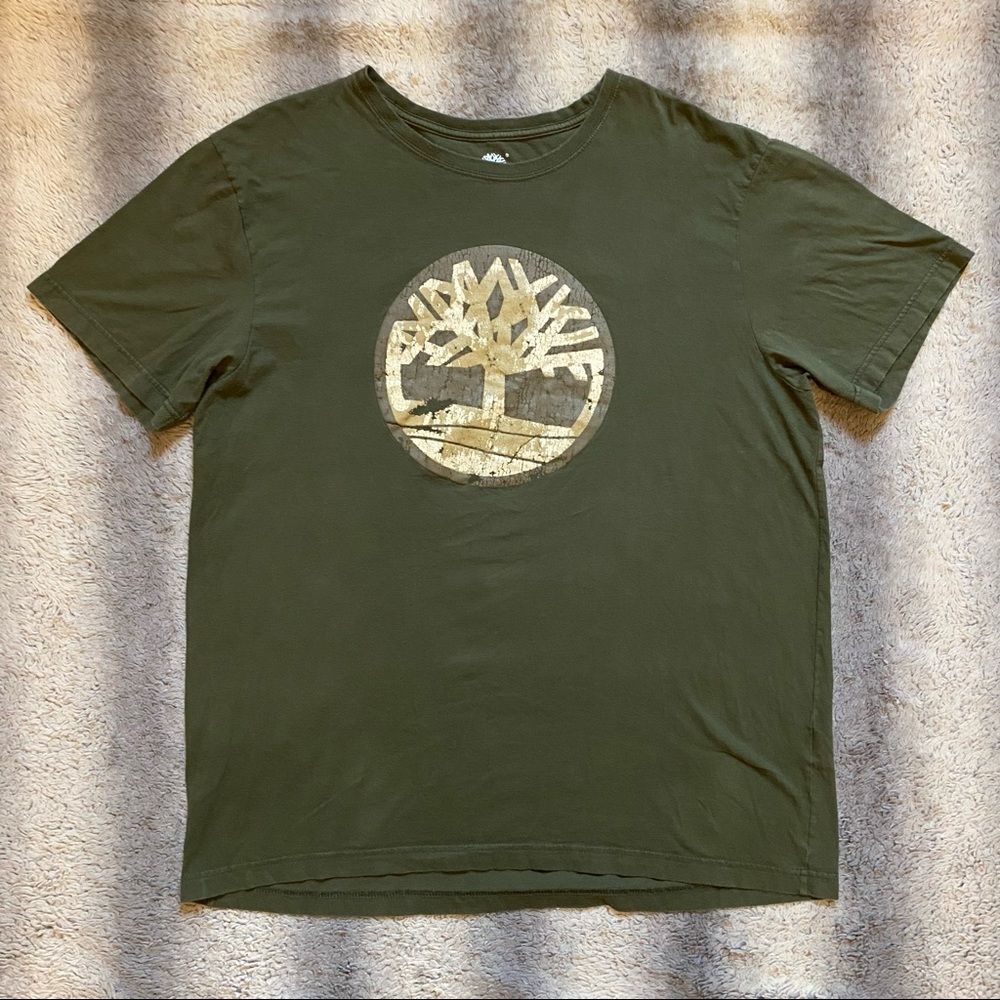Timberland Tree Logo Tee Shirt Mens XL Green Cream Brown Logo - Picture 1 of 5